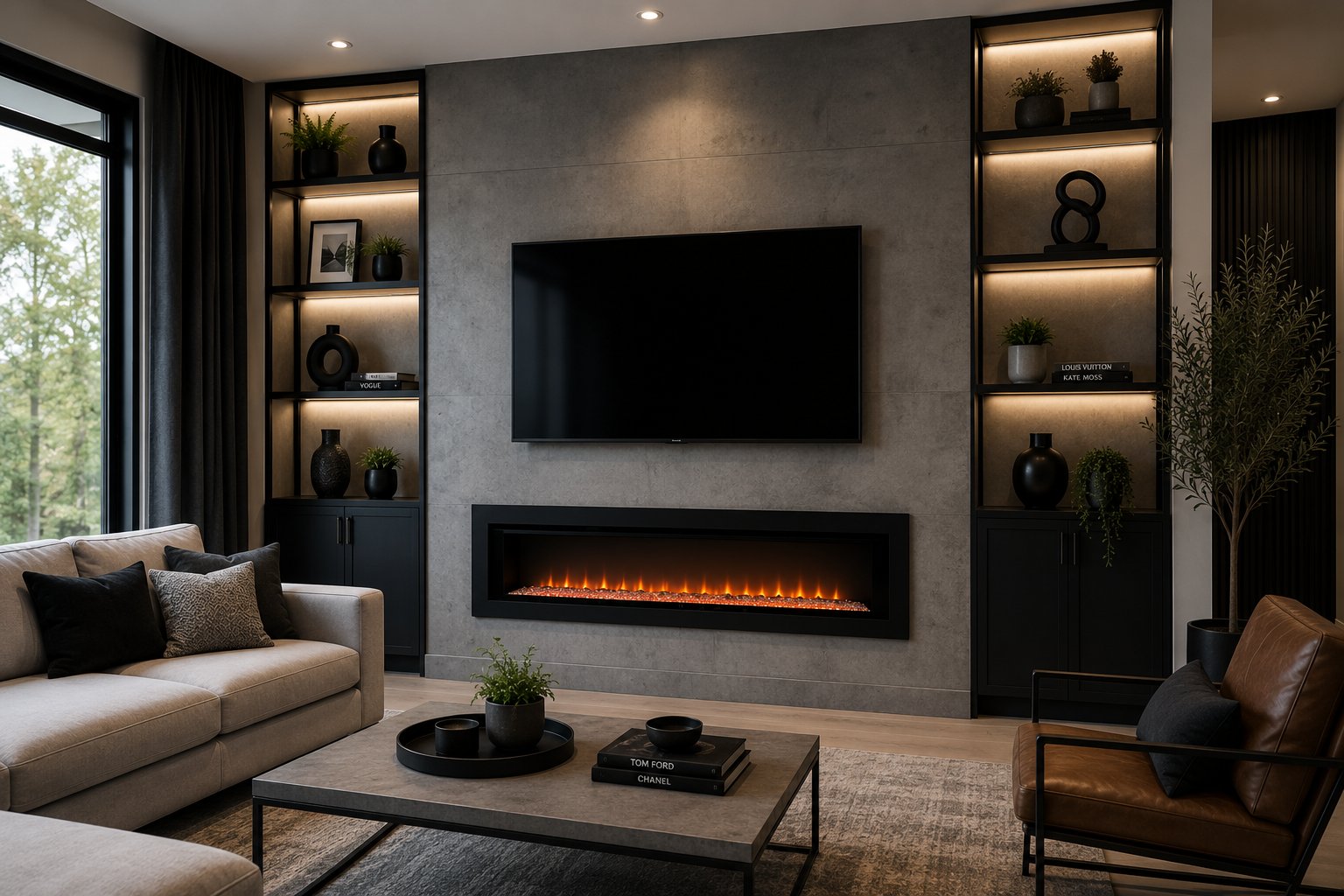 Mur accent salon avec cheminée et télé
